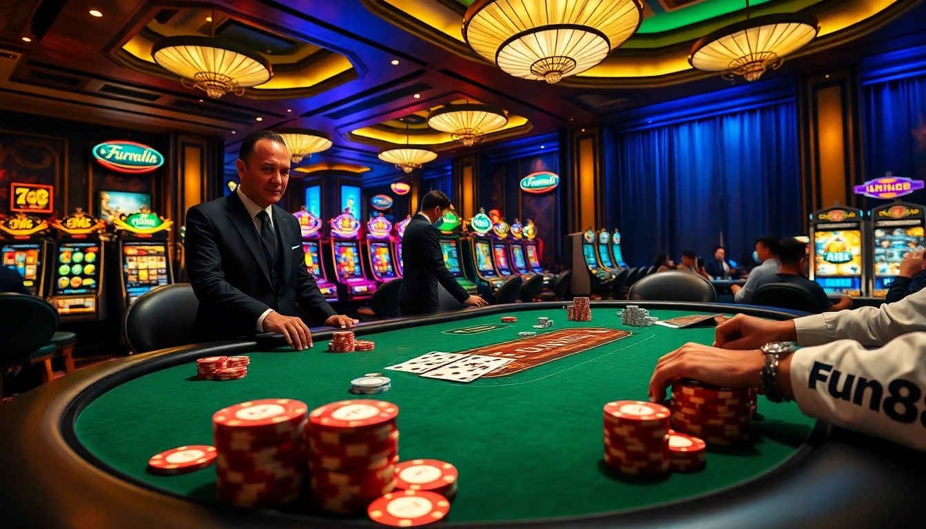Experience thrilling gameplay at Fun88 with luxurious poker tables and vibrant slot machines.
