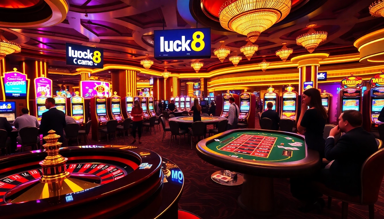Experience the thrill of luck8 with vibrant slot machines and a roulette wheel at a luxurious casino.
