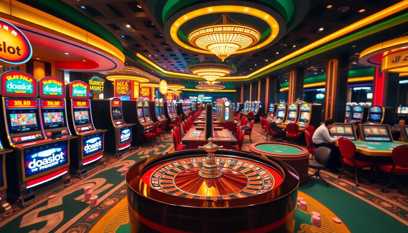 Excited players enjoying vibrant doaslot gaming tables and slot machines in a luxurious casino.