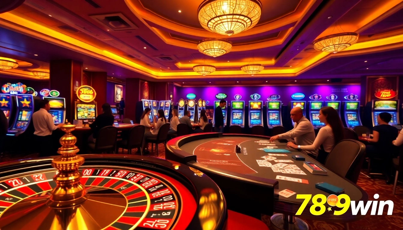 Experience an exciting moment at 789win with vibrant casino tables and engaging gamblers.