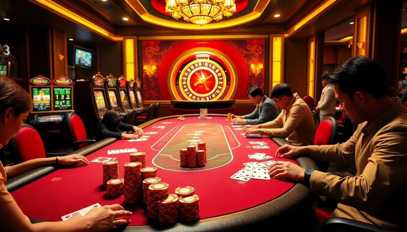 Players enjoying high-stakes games at Vb88 casino with poker chips and cards.