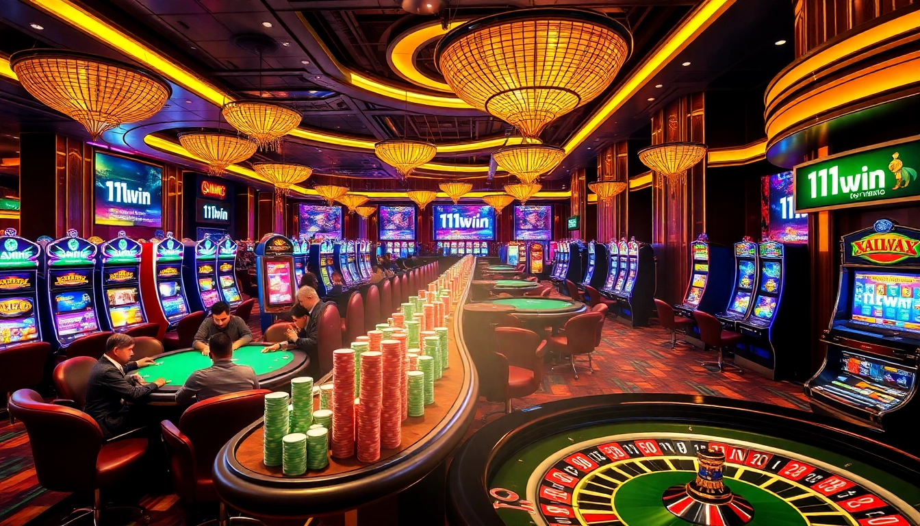 Experience thrilling games at 11win with vibrant casino tables, poker chips, and slot machines.