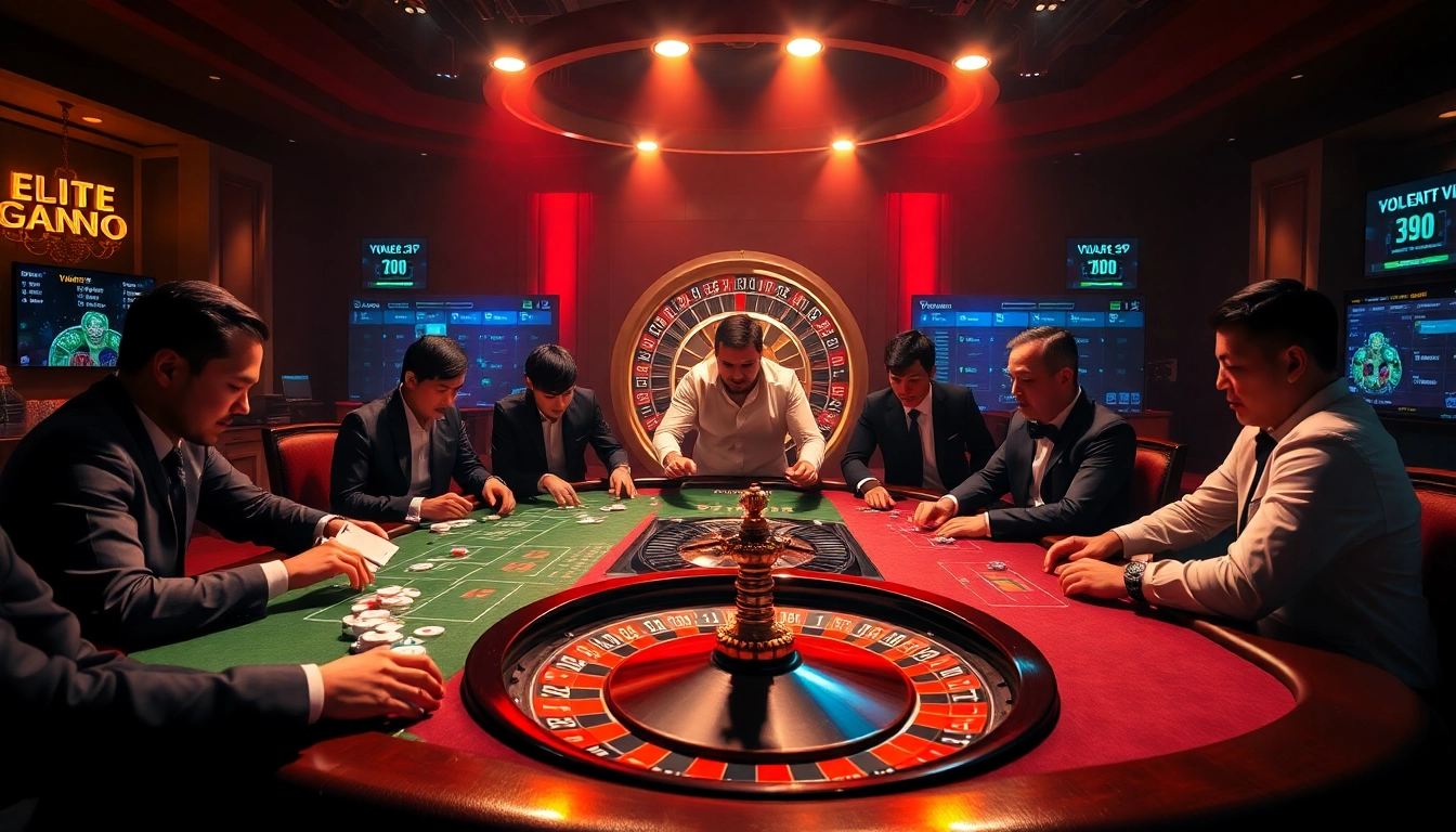 Vua99 casino scene showcasing a luxurious gambling table with poker chips and cards in action.
