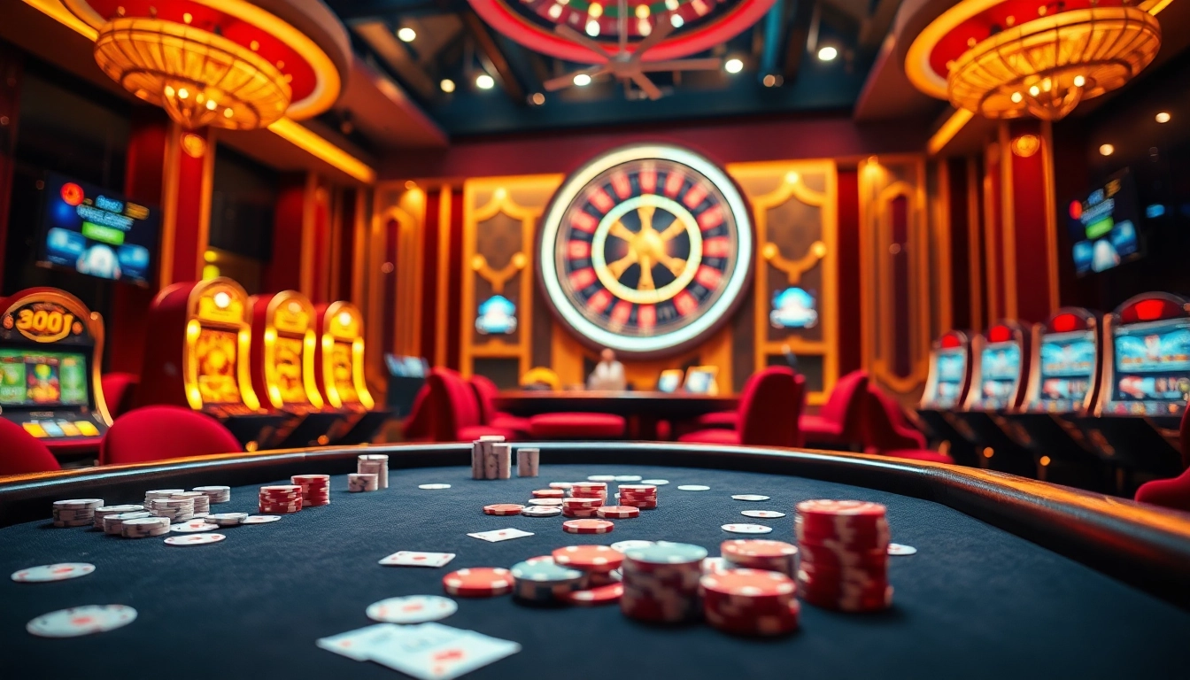 Engaging gameplay at https://rikvip1.top/ featuring poker chips and vibrant online casino atmosphere.