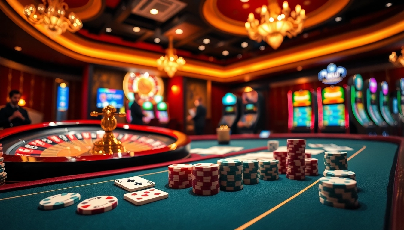 KJC casino scene with poker chips and roulette wheel, showcasing excitement in gambling.