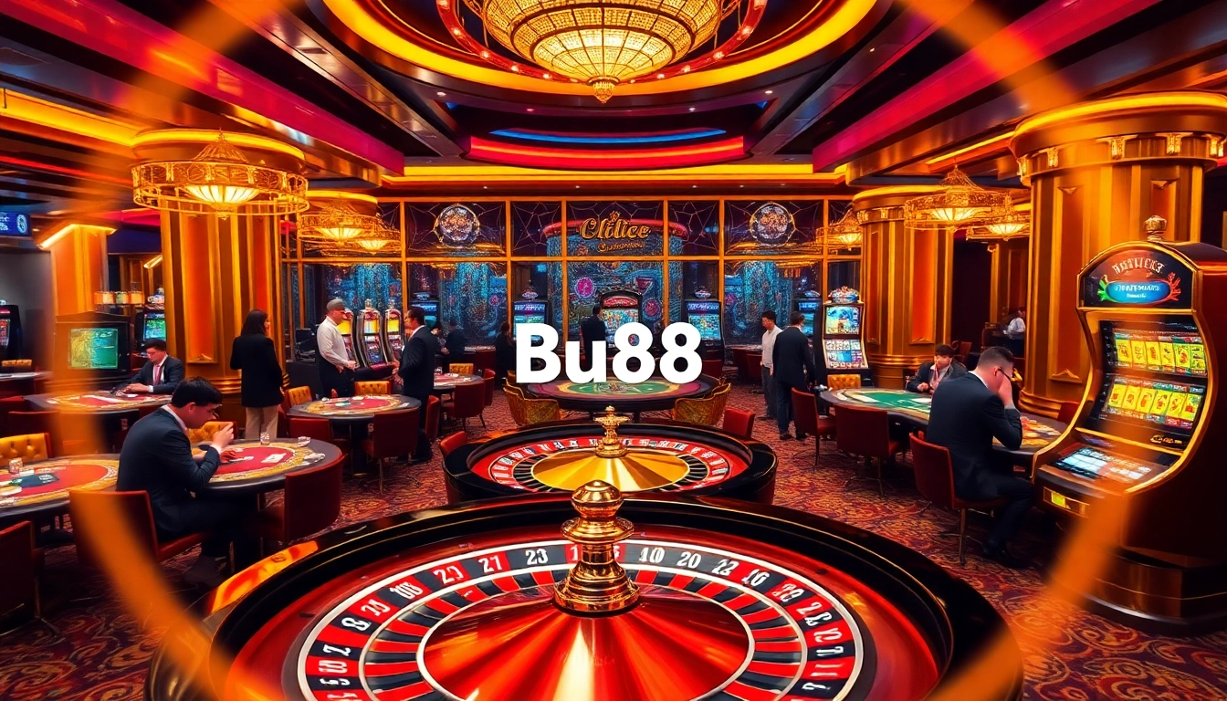 Experience thrilling betting at Bu88’s luxurious online casino with a vibrant roulette wheel and eager players.