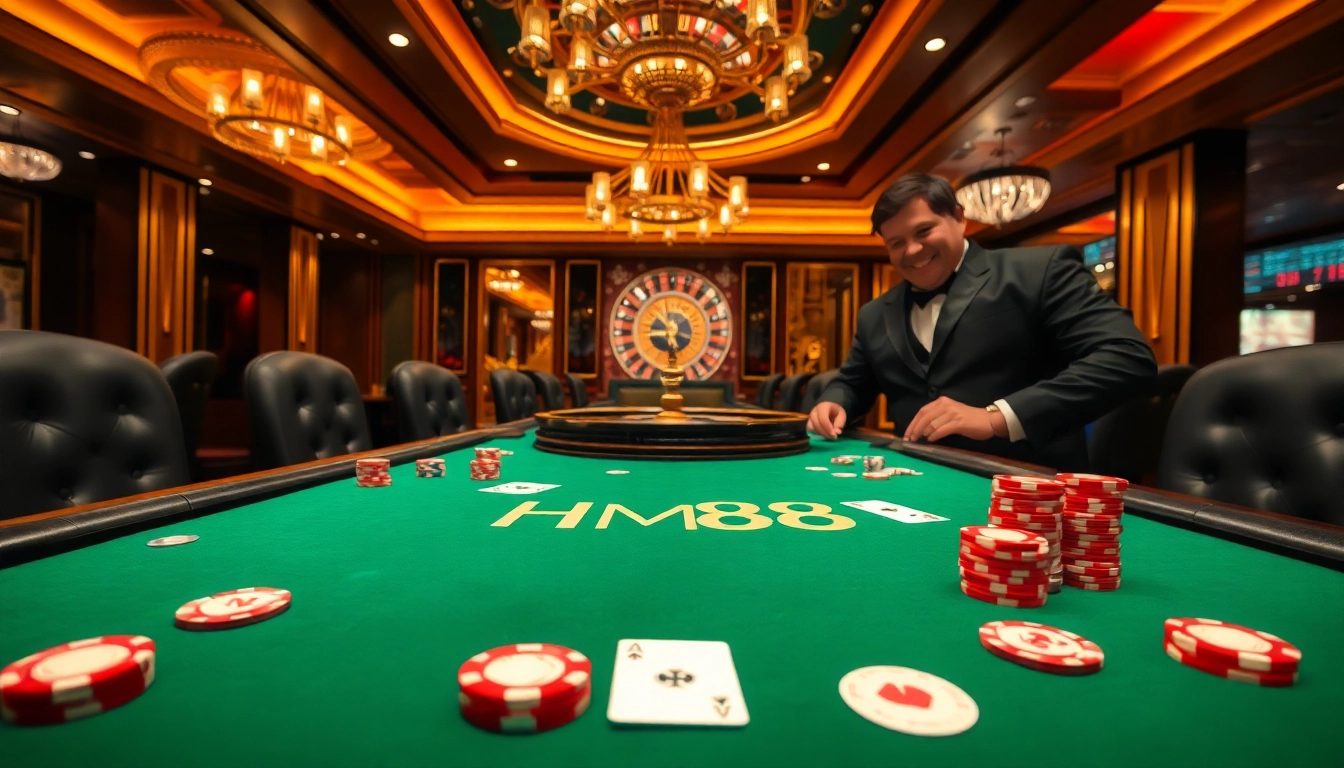 Experience thrilling gaming action at HM88 with vibrant cards and chips at a luxurious casino table.