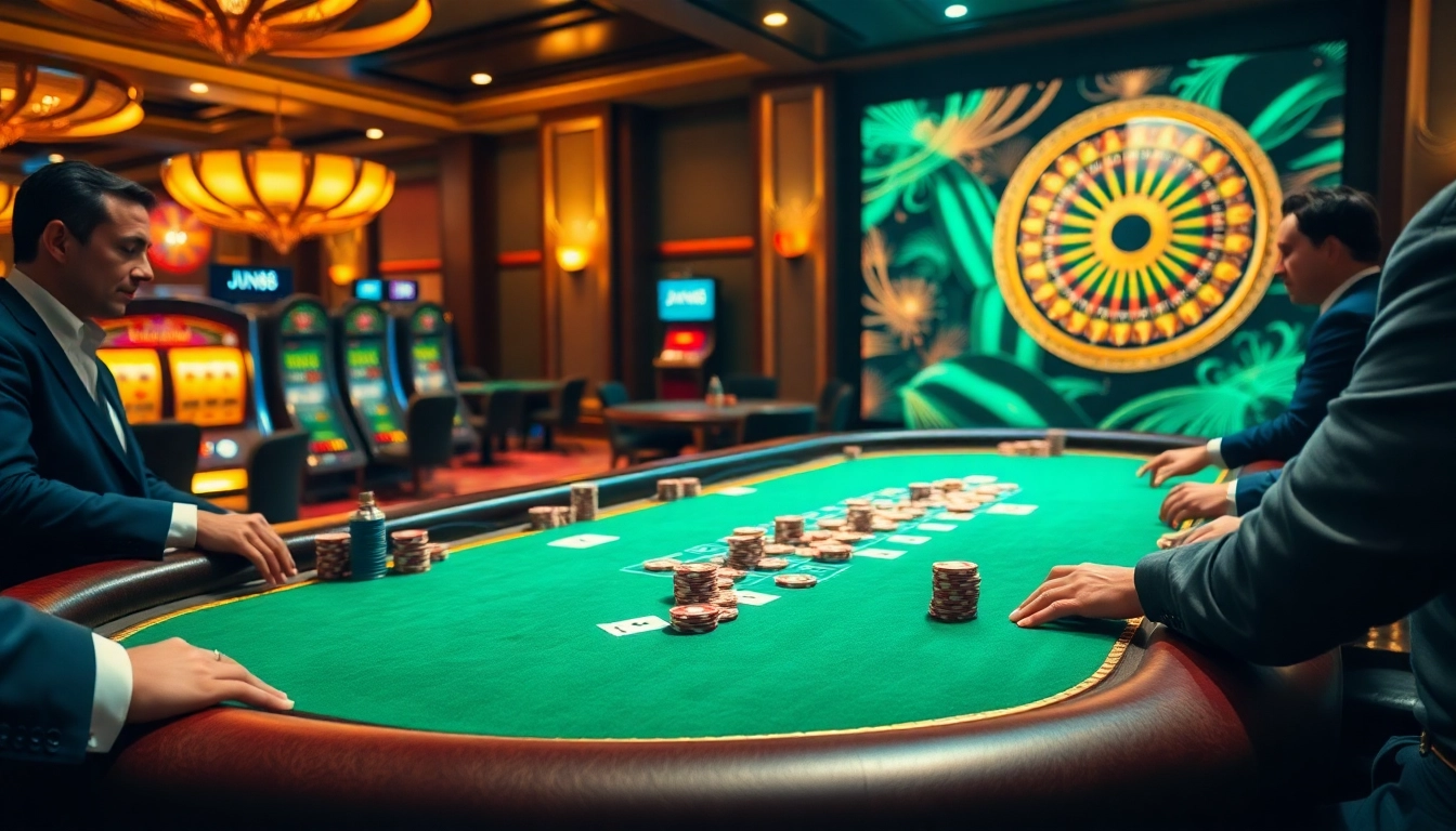 Exciting poker scene at Jun88 casino, featuring cards, chips, and a roulette wheel.