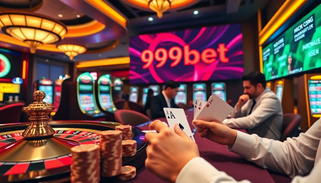 Players enjoy gambling at a vibrant casino with 999bet branding, showcasing excitement and luxury in betting.