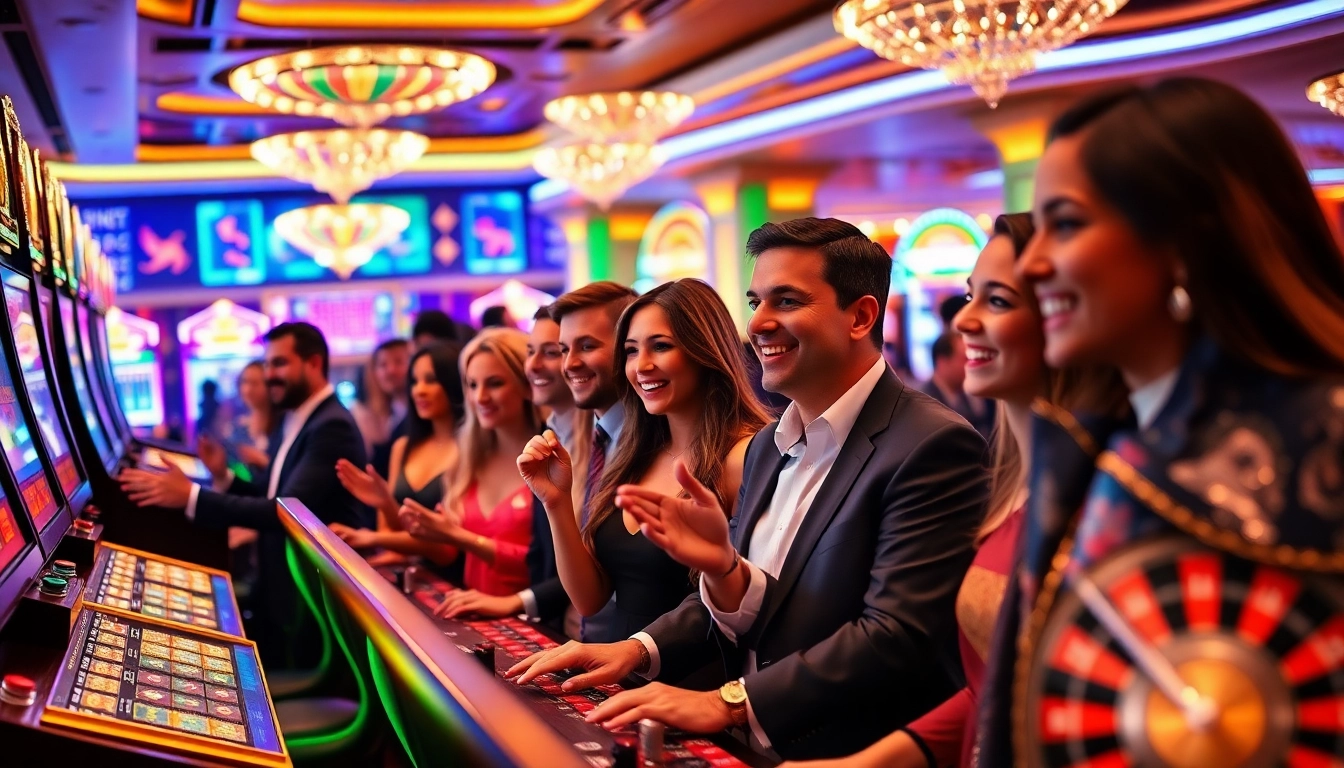 Gamblers enjoying exciting experiences at SLOTS8 slot machines in a luxurious casino environment.