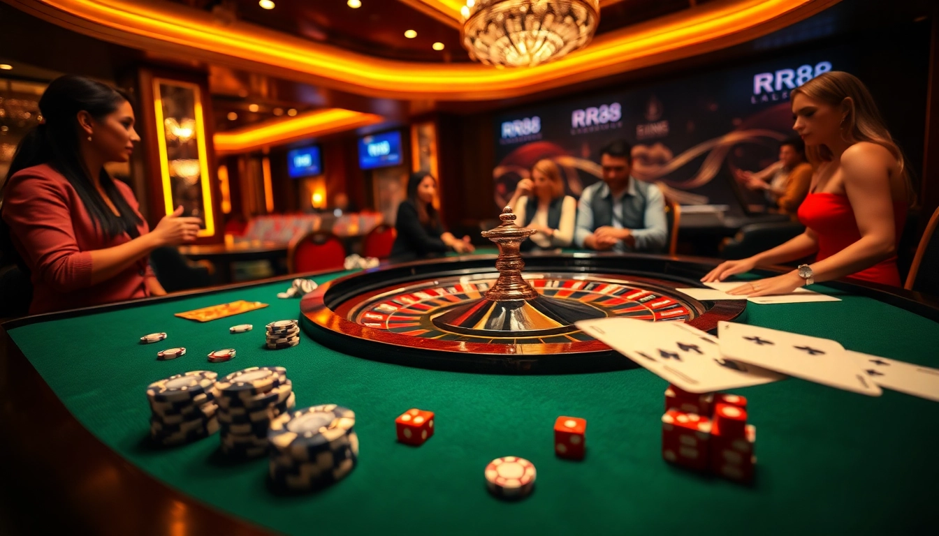 Excited players engage at the RR88 casino table, showcasing vibrant chips and cards in play.