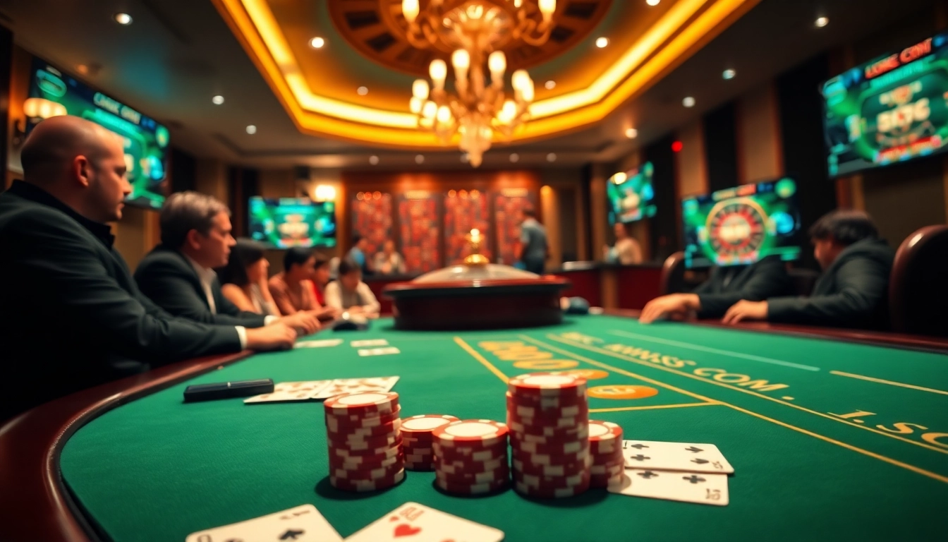 Players engaging at a poker table in a luxurious casino environment with 6RWIN55 COM branding.