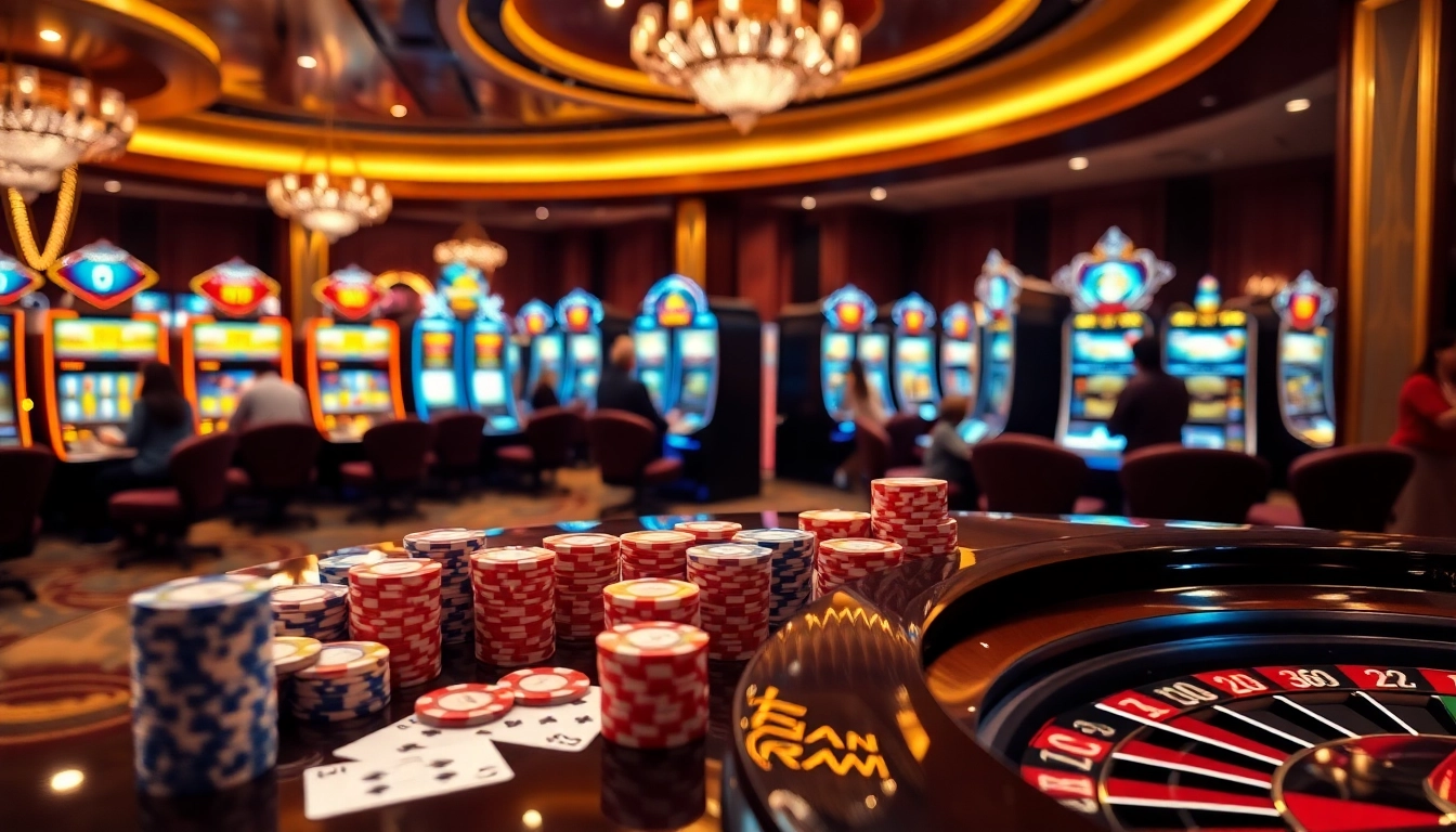 Experience the thrill of RAJABARONG with vibrant slot machines and poker chips in an upscale casino.