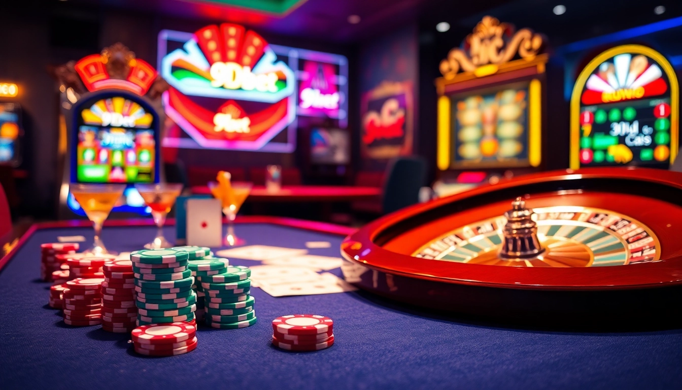 Experience the thrill of 9Dbet with vibrant casino tables and exciting gambling elements.
