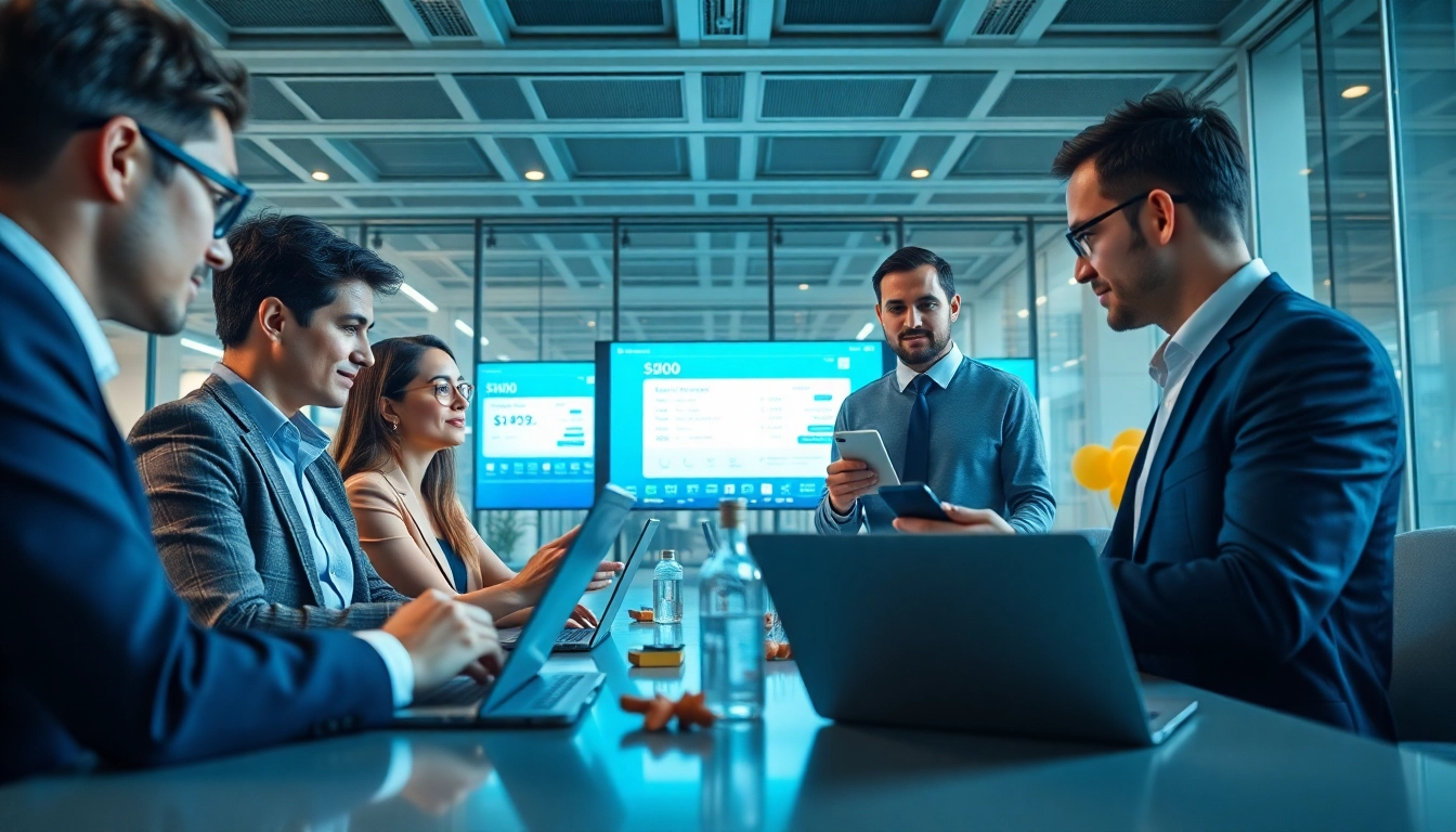 현대적인 사무실 환경에서 디지털 상품권카드 결제 솔루션을 논의하는 그룹.