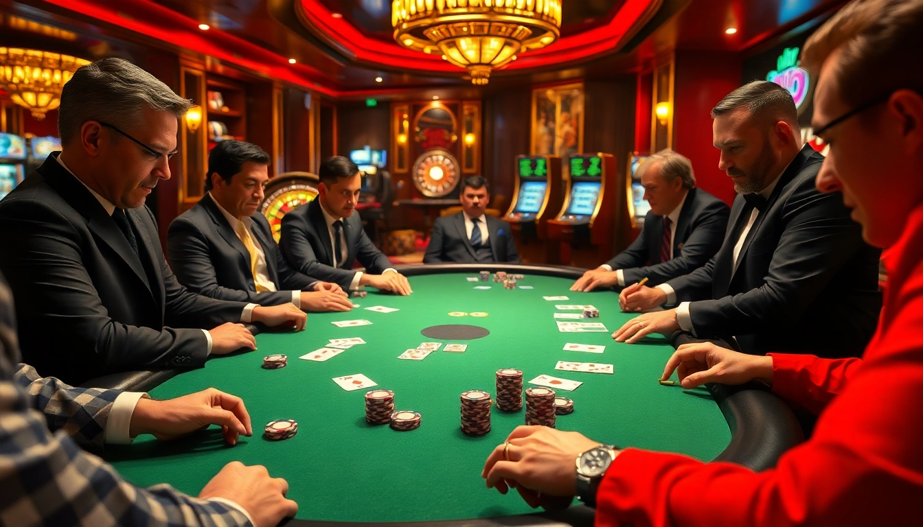Gamblers strategizing at an upscale poker table with 33WIN chips, surrounded by vibrant casino elements.