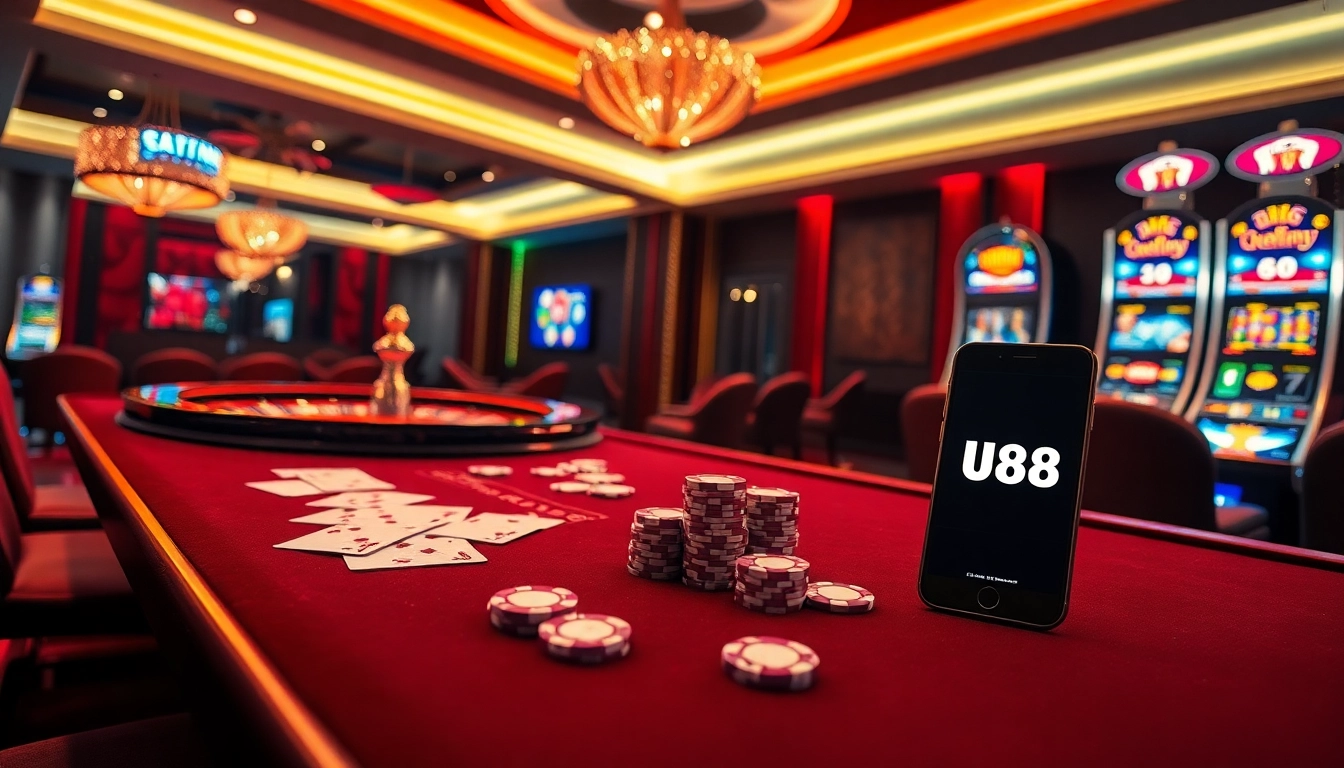 UU88 players engaging at a luxurious casino table, surrounded by vivid slot machines and a roulette wheel.