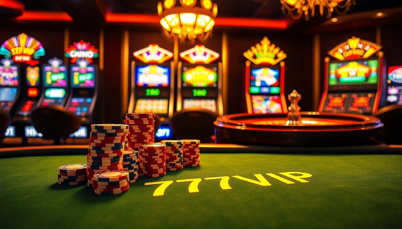 High-stakes poker game at 777VIP's luxurious casino with vibrant slot machines in background.