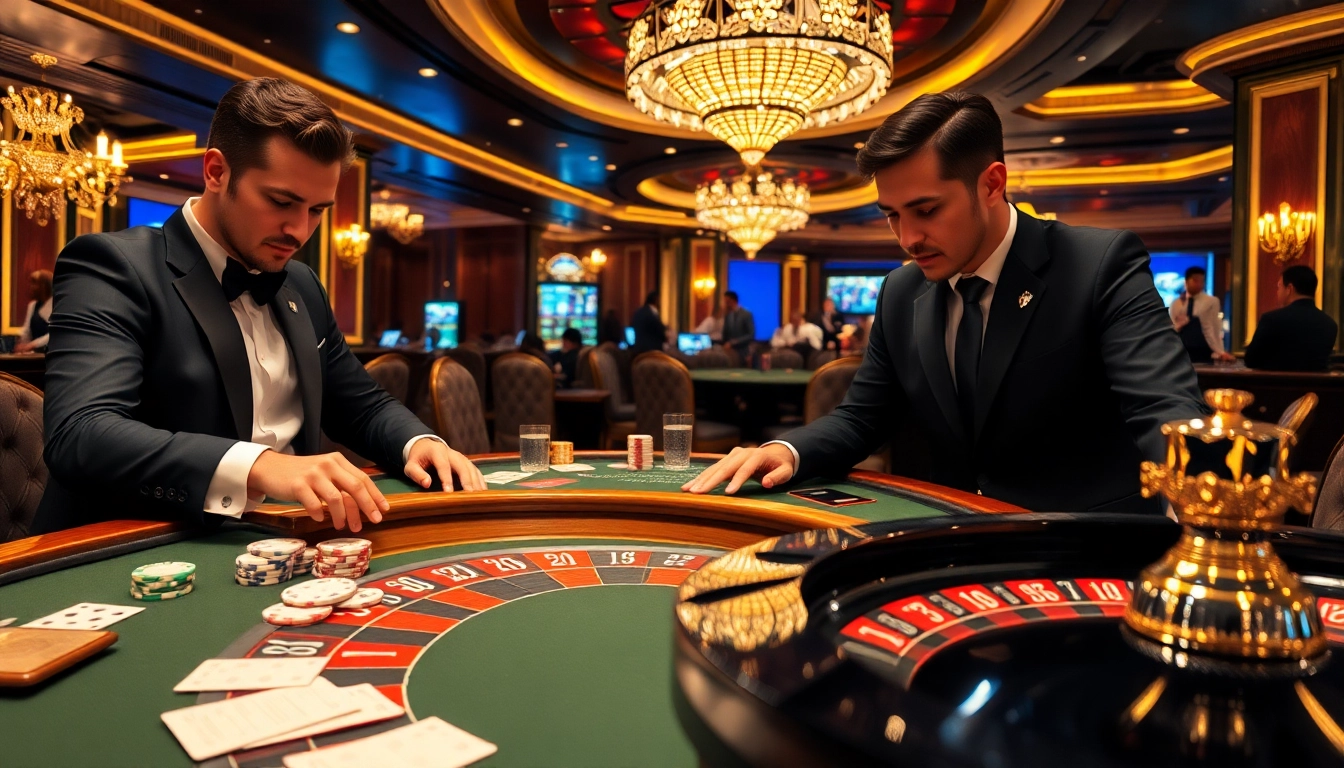 Lc88 gaming table where players engage in thrilling bets amidst elegant casino décor.