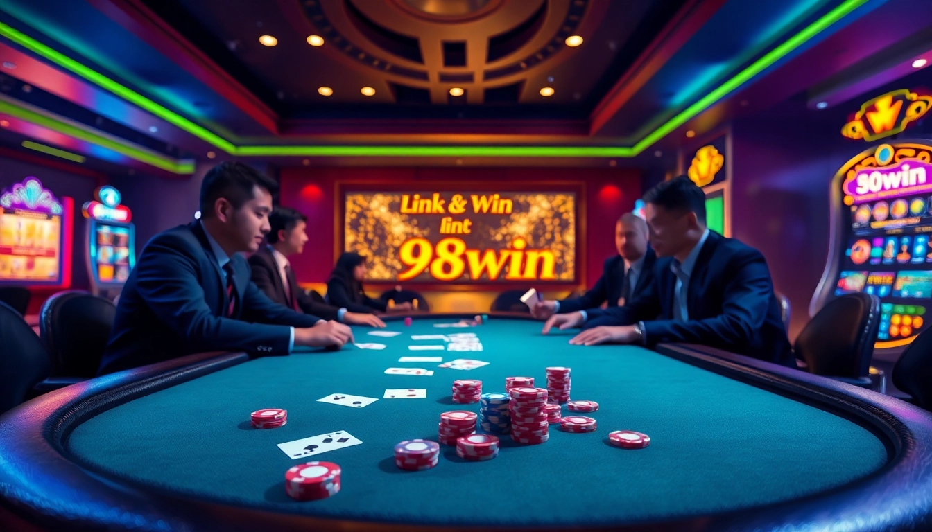 Link 98win players placing bets at a luxurious poker table, showcasing excitement in a vibrant casino setting.