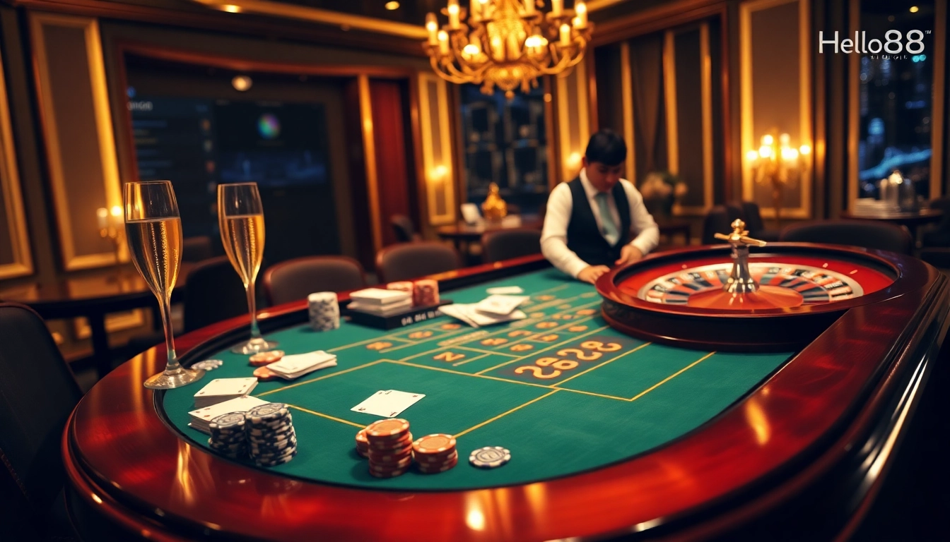 Hello88 enhances the excitement of poker at a luxurious casino table filled with vibrant chips and cards.