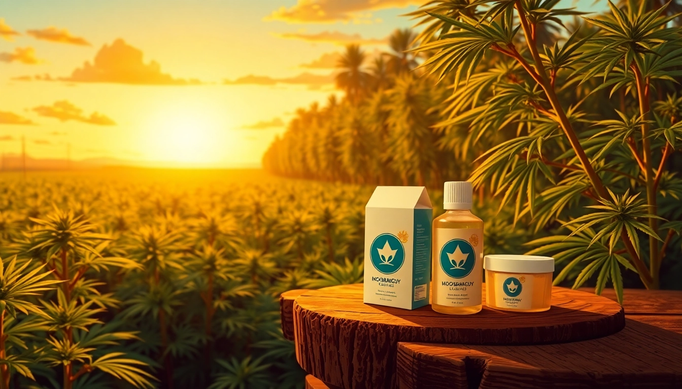 Showcasing moonbarguy legal cannabis products on a rustic table amidst a serene farm backdrop.