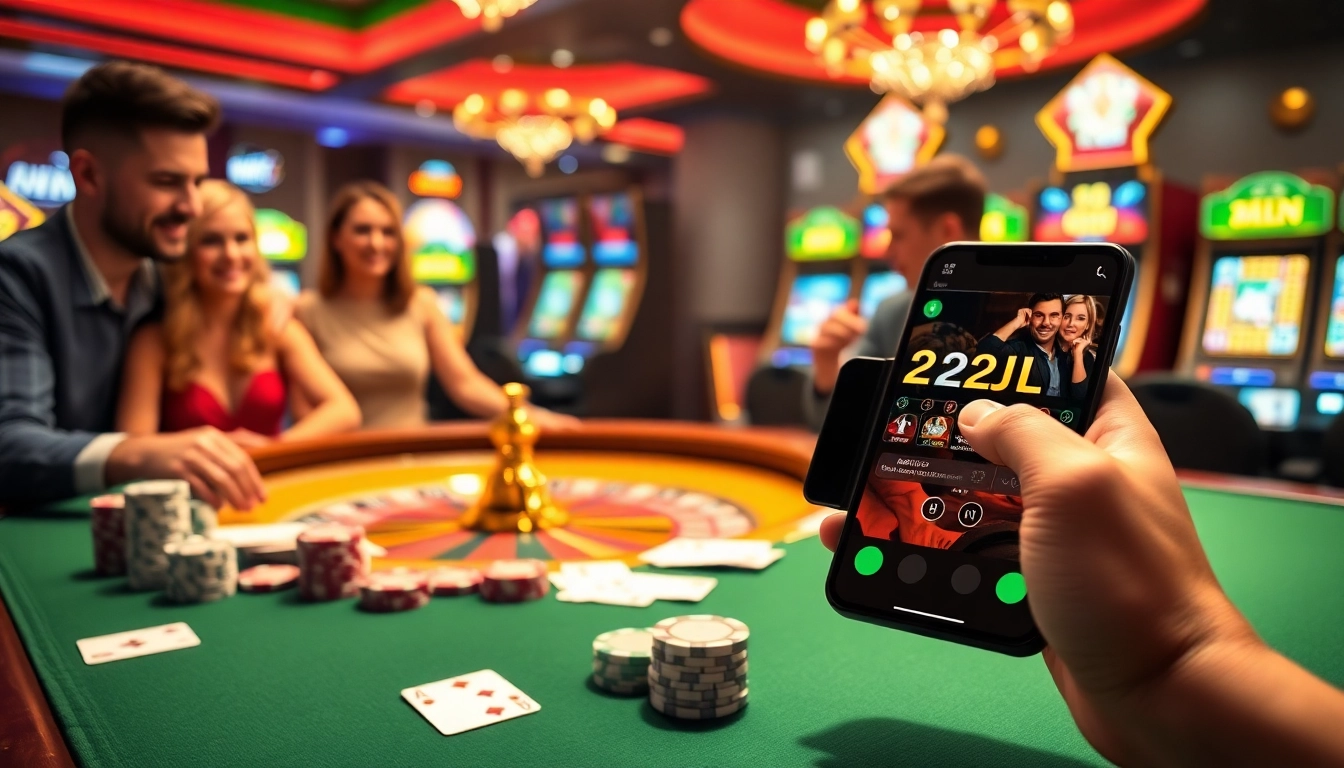 Experience the 22JL app on a mobile device at a luxurious casino table with vibrant poker chips and cards.