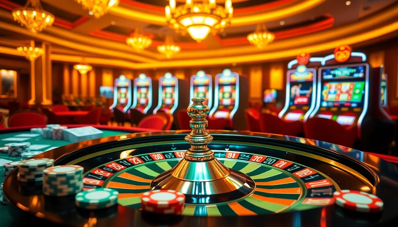 A thrilling roulette experience at https://go8.food/ surrounded by poker chips and glowing slot machines.