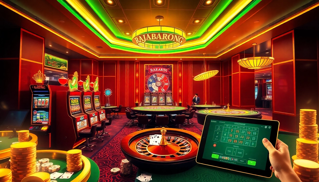 RAJABARONG players celebrating a big win at luxurious slot machines in a vibrant casino.