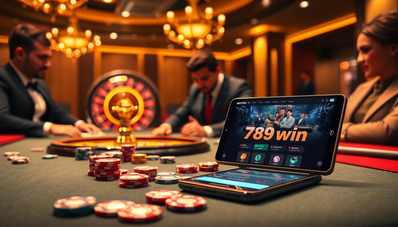 A thrilling casino scene displaying the excitement of nhà cái 789win with engaged gamblers at a poker table.