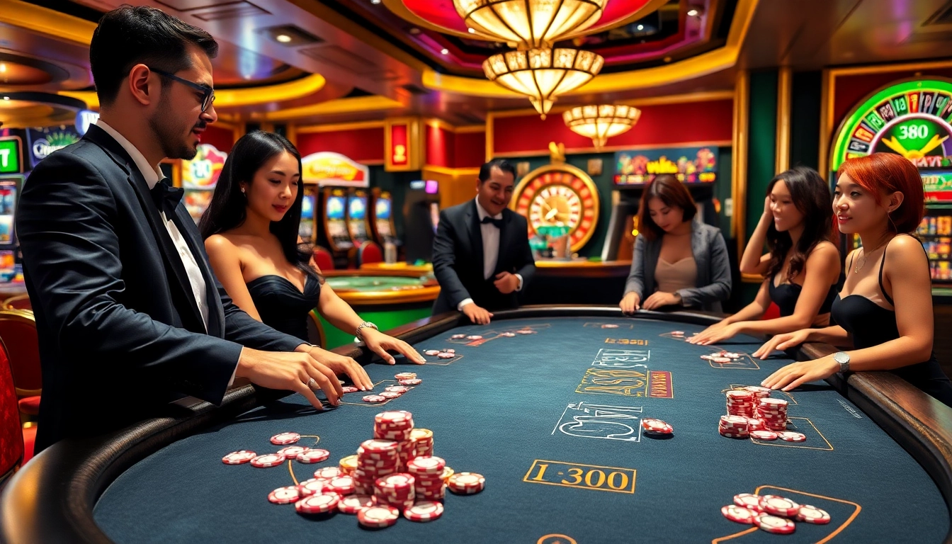 Players engage in thrilling bets at nha cai max88's luxurious casino table with vibrant slot machines.