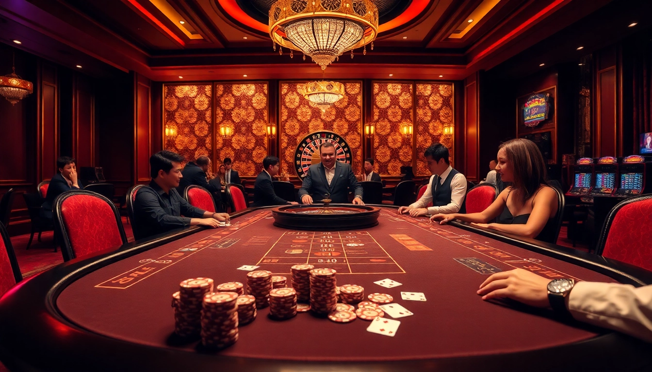 HB88 casino gaming table showcasing an elegant atmosphere with poker chips and a roulette wheel.