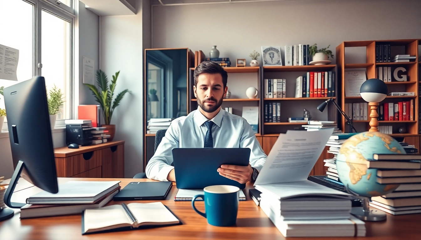 Traducteur espagnol certifié (traducteur assermenté espagnol) travaillant dans un bureau professionnel, entouré de livres et de documents linguistiques.