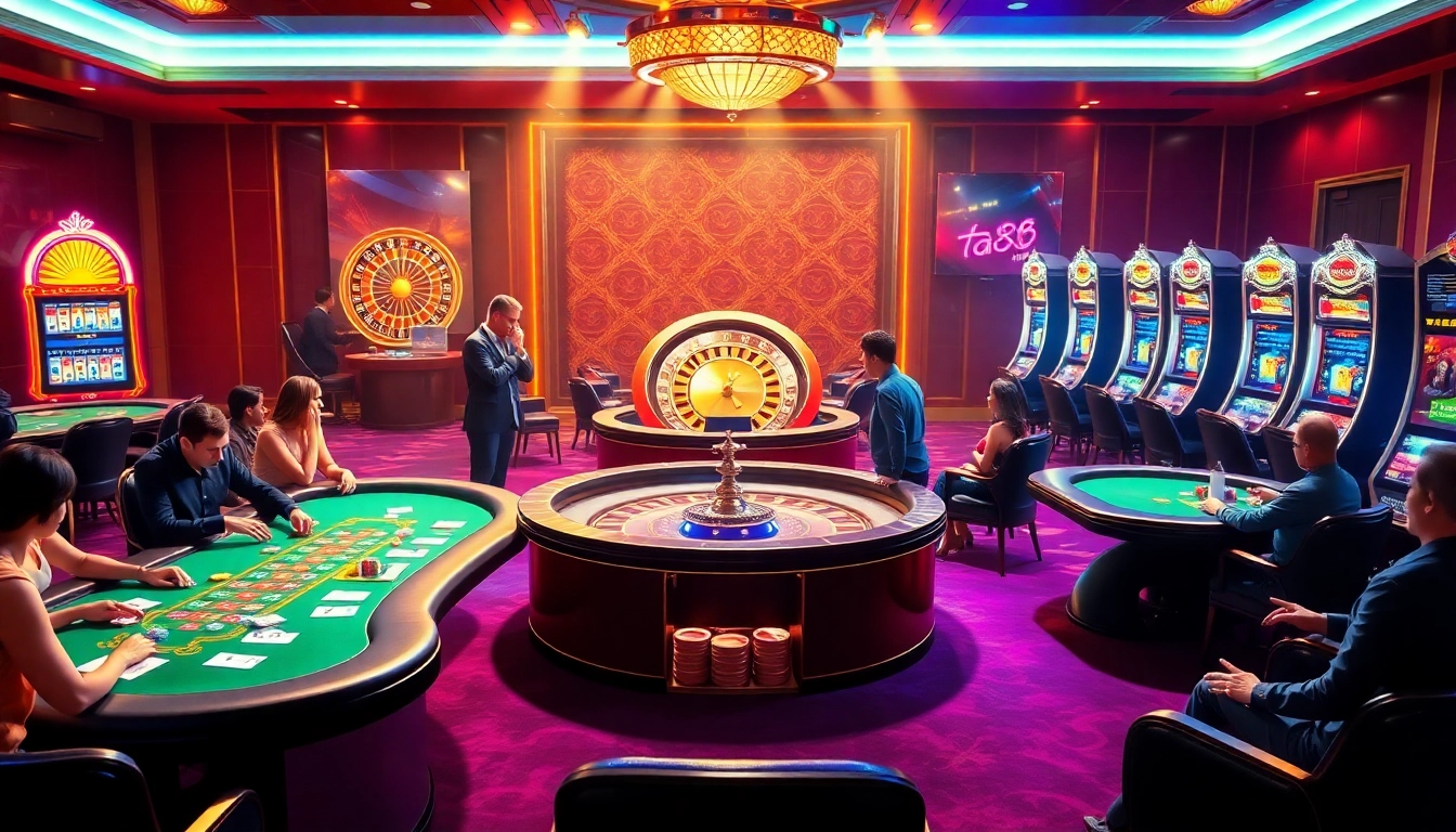 Experience immersive gambling action at ta88.com with luxury casino tables and vibrant slot machines.