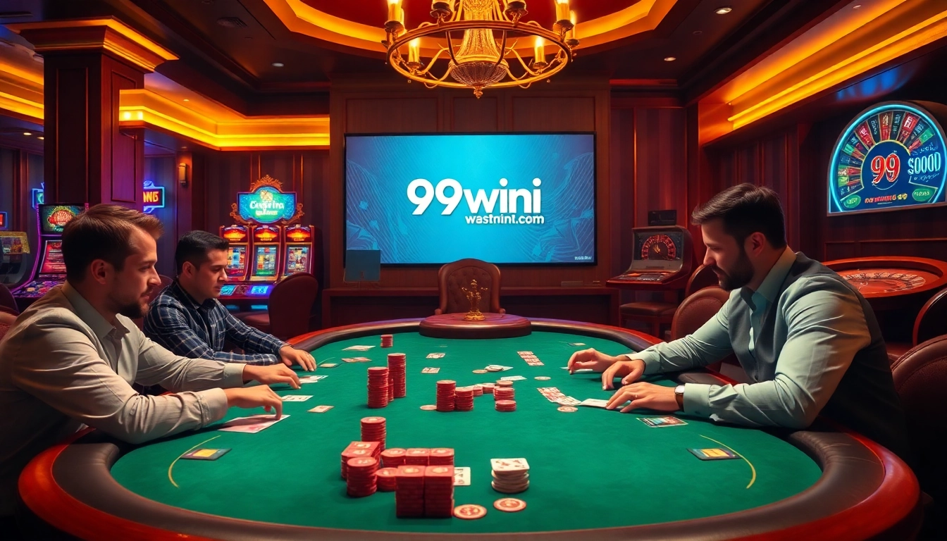 Engaging casino scene with poker players and vibrant gambling elements representing https://99win1.us.com/.
