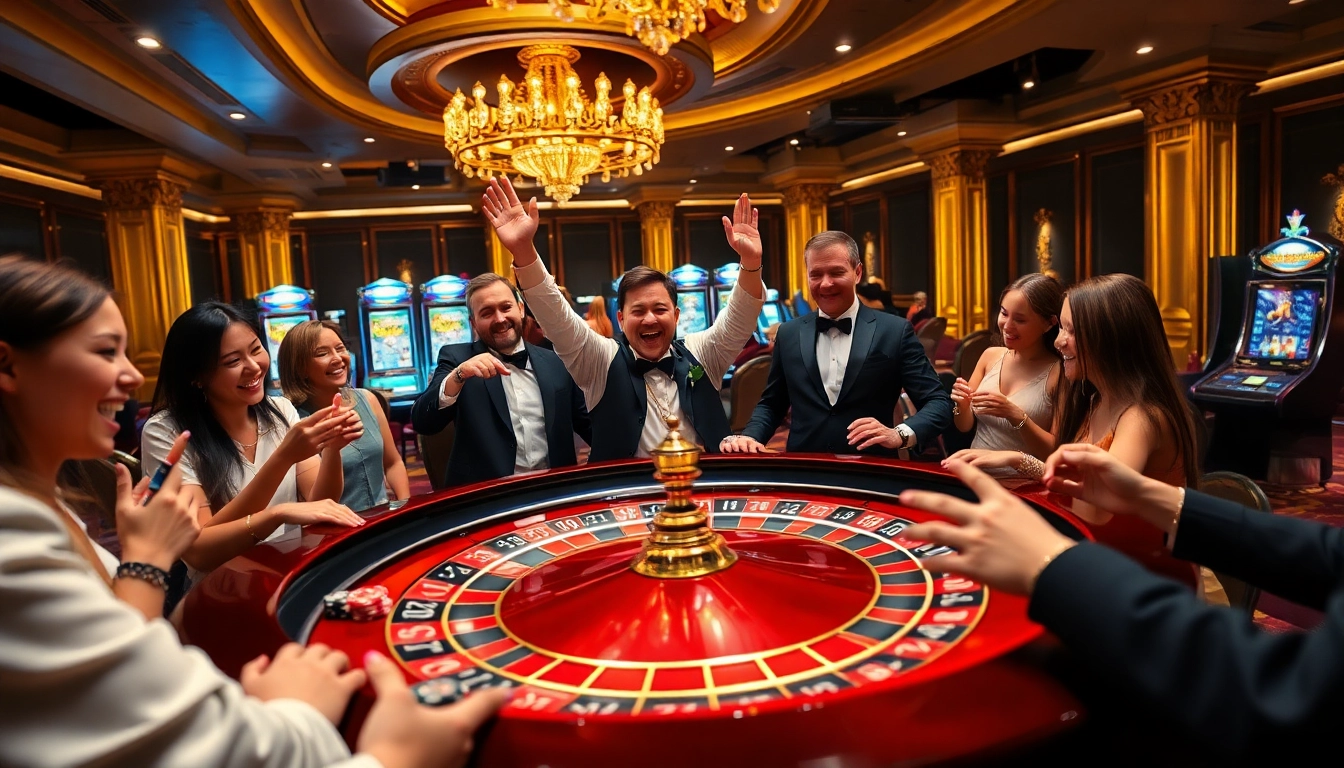 Players enjoy a thrilling roulette game at a luxurious casino inspired by https://f168info.com/.