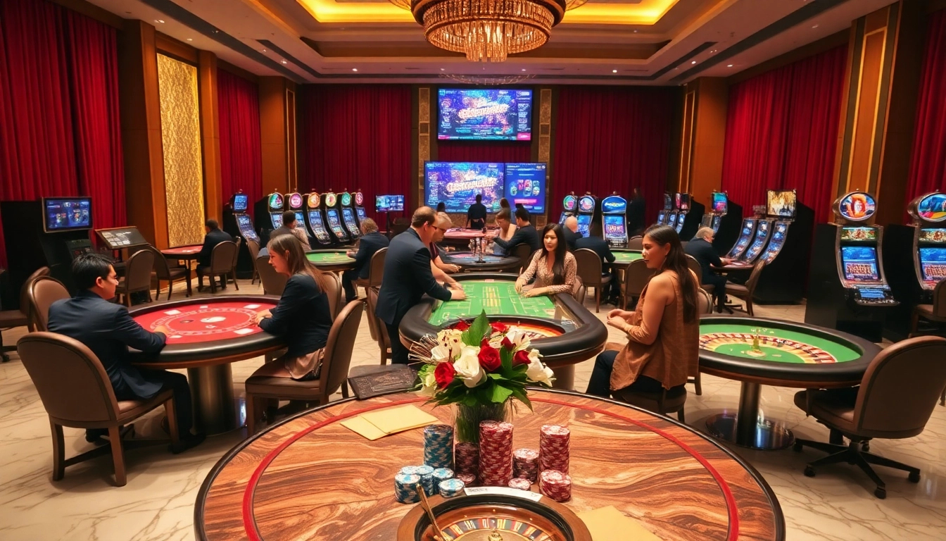 Engaged players at nhà cái xx88 take part in an exhilarating casino experience with poker tables and slot machines.