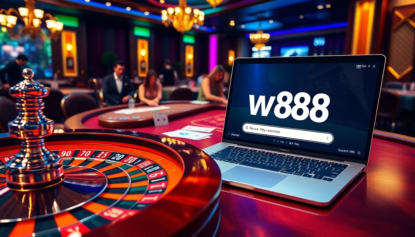 Trải nghiệm sự phấn khích với liên kết truy cập W88 được trình chiếu trong một cảnh casino sinh động có roulette và poker đang diễn ra.