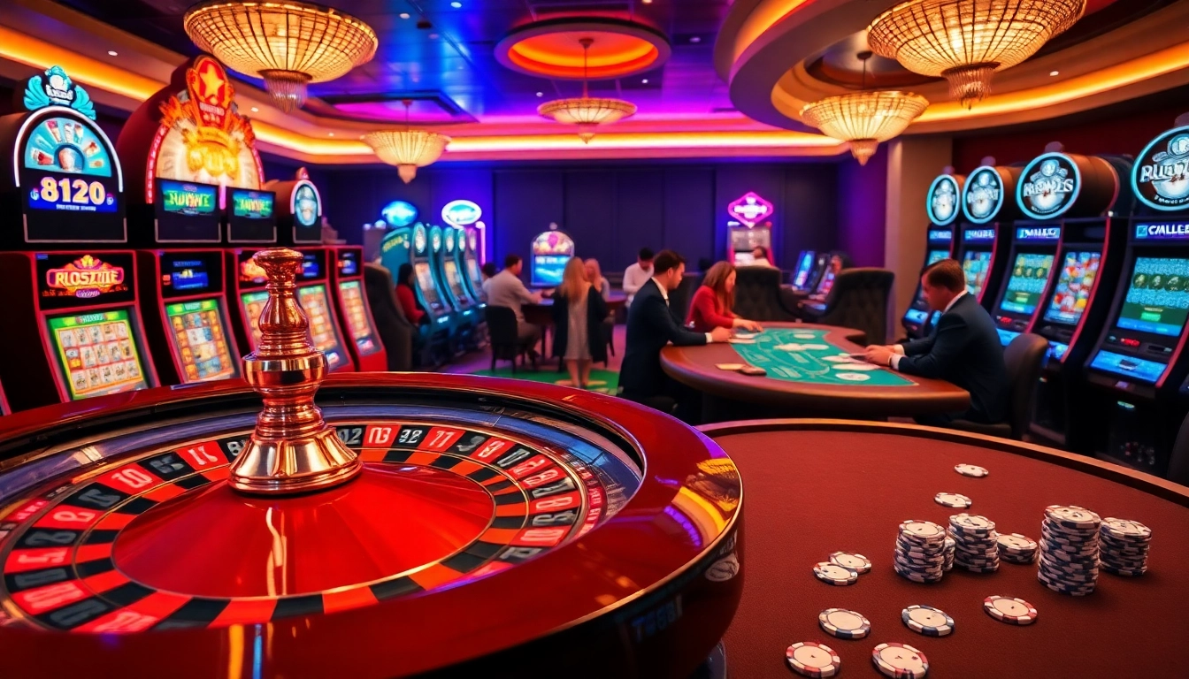Players engaging in exciting casino games at tg88, featuring a roulette wheel and poker table.