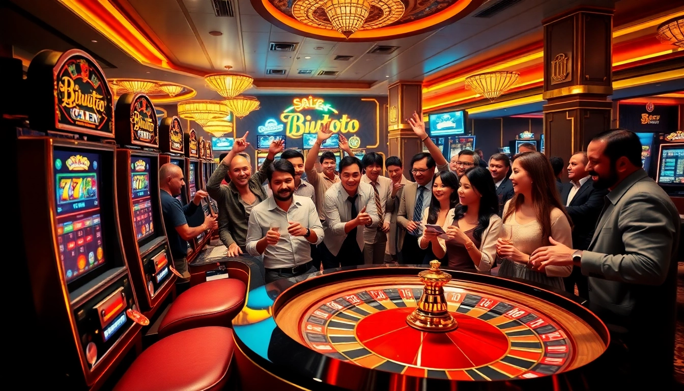 Players enjoying a thrilling game at a luxurious casino featuring birutoto-themed slot machines.