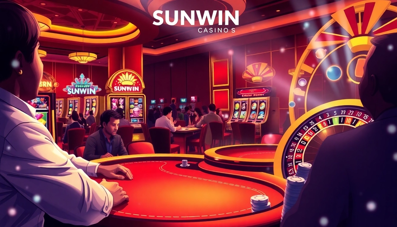 Exciting casino atmosphere featuring SUNWIN, poker players engaged, vibrant slot machines, and a lively roulette wheel.