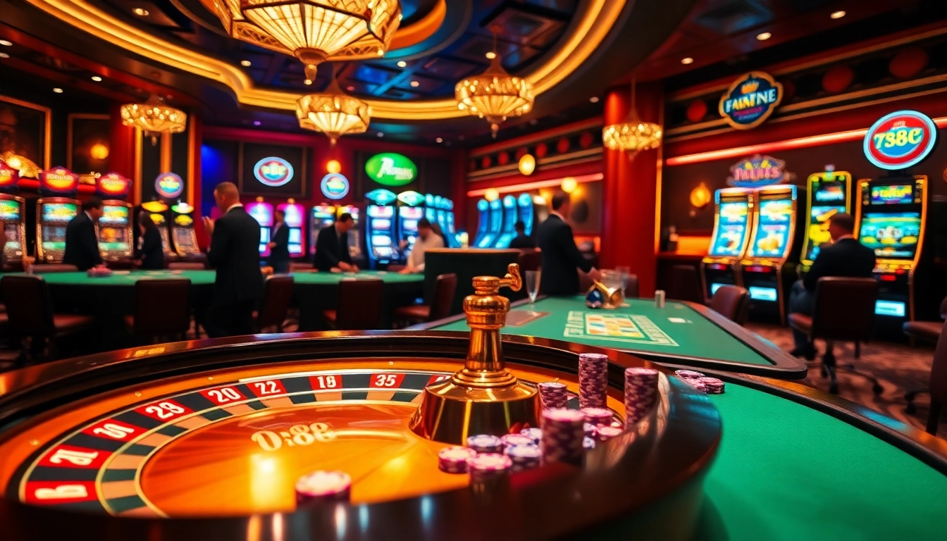 rr88 vibrant casino scene with roulette and eager players enjoying gambling