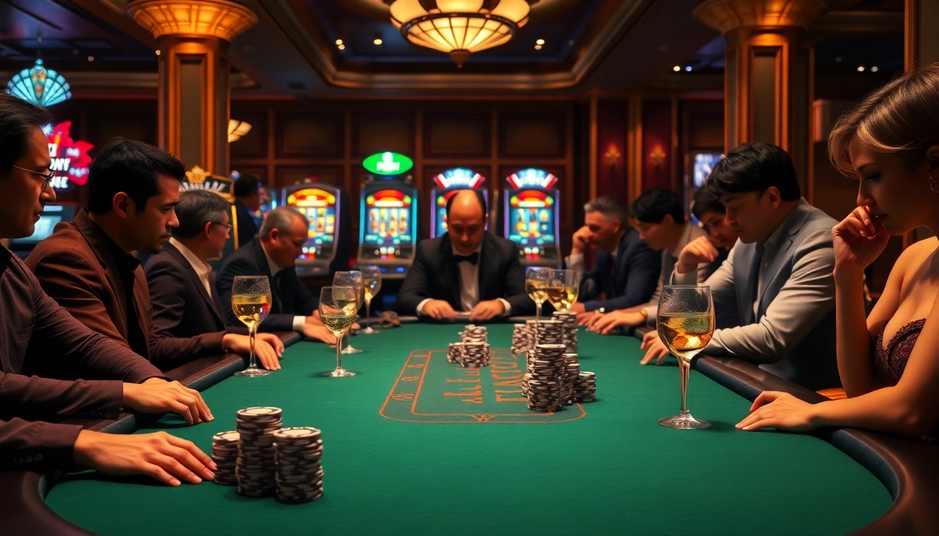 Players enjoying a high-stakes GG88 poker game in a luxurious casino setting.