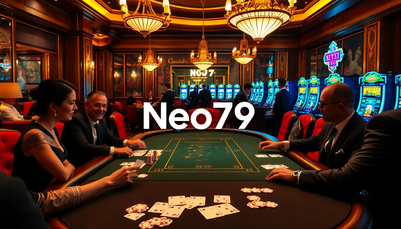A thrilling poker game at Neo79 with luxurious decor and vibrant casino elements.