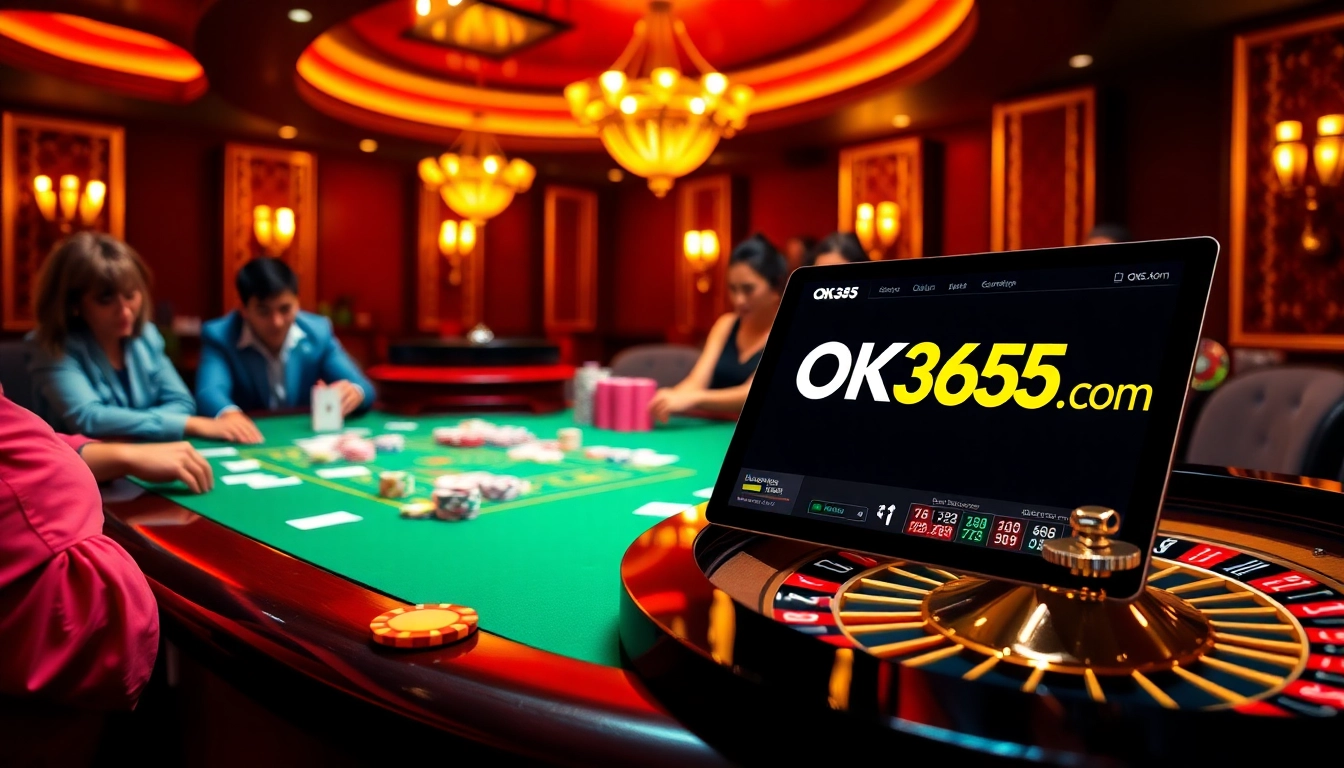 Experience thrilling gameplay at OK365 com with vibrant poker chips and an engaging casino atmosphere.