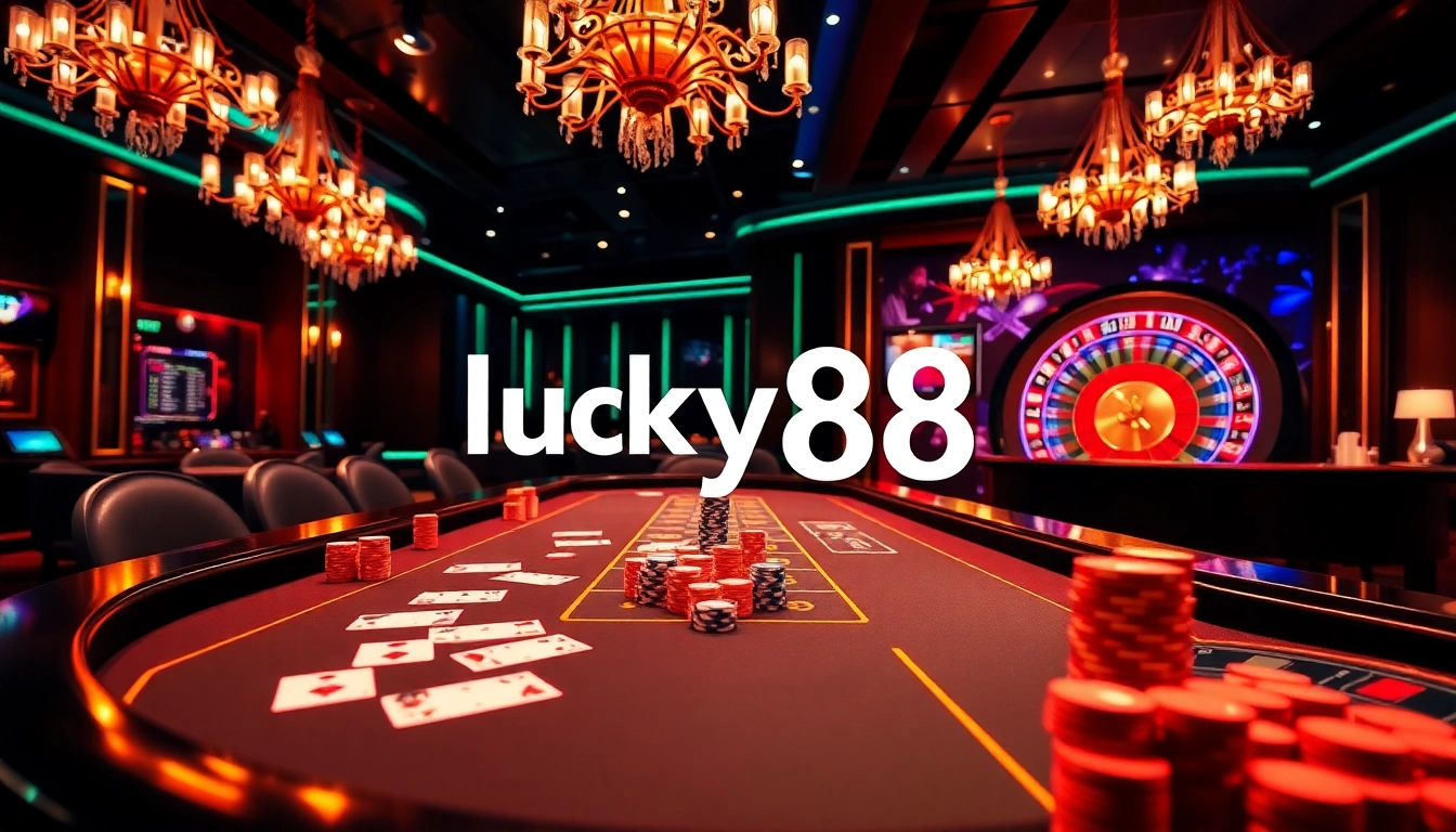 Experience the excitement of lucky88 at a glamorous casino table with vibrant chips and cards.