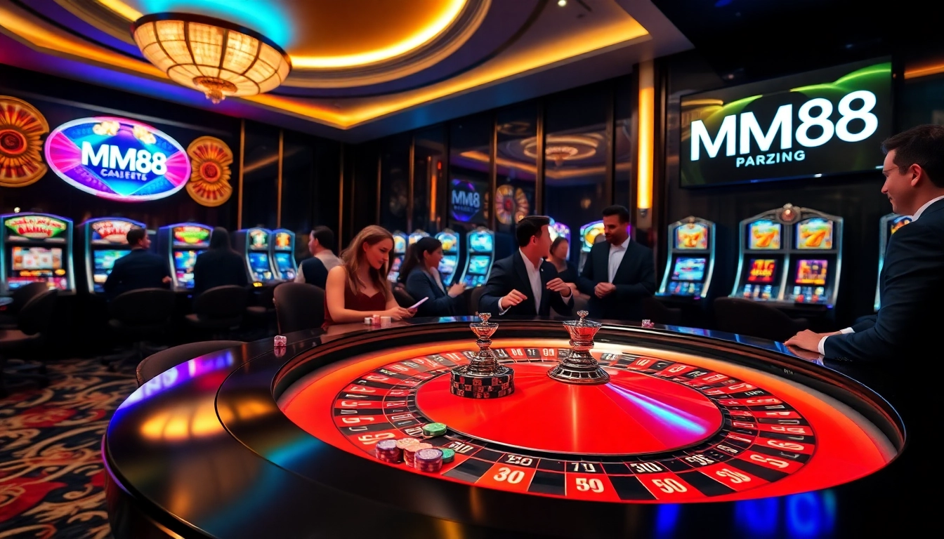 Excited players engaging at an MM88 casino table under luxurious lighting.