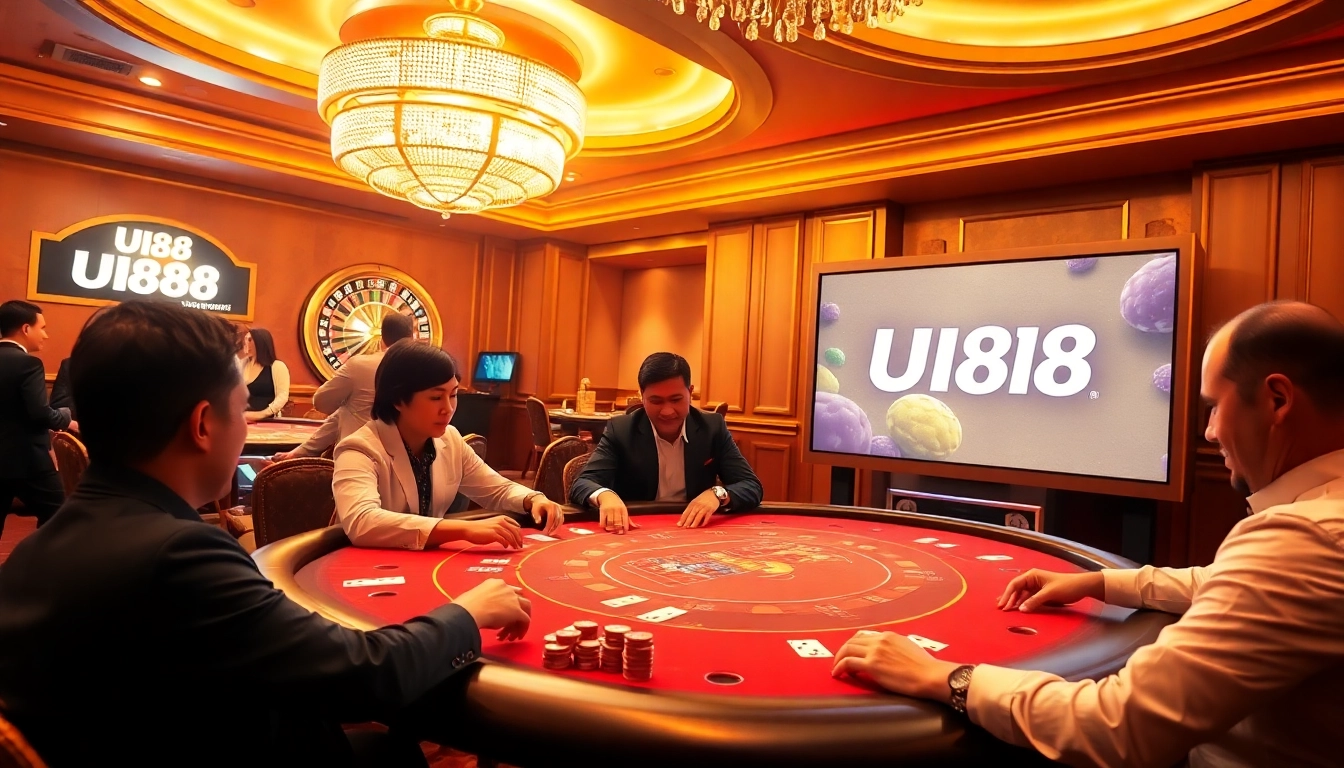 Players strategizing at a UU88 casino poker table, surrounded by colorful chips and cards.