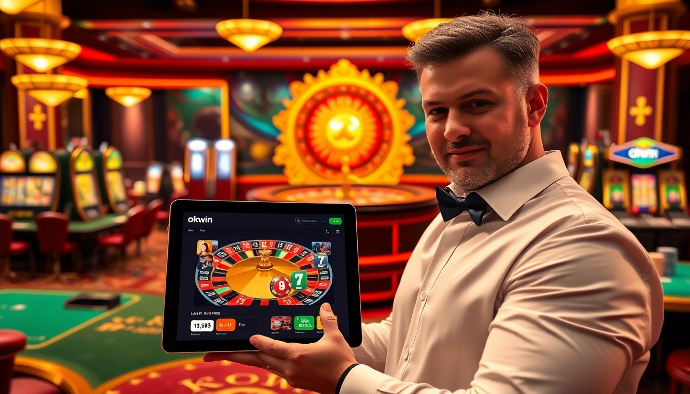 Player exploring Okwin's exciting online gambling interface in a vibrant casino scene.