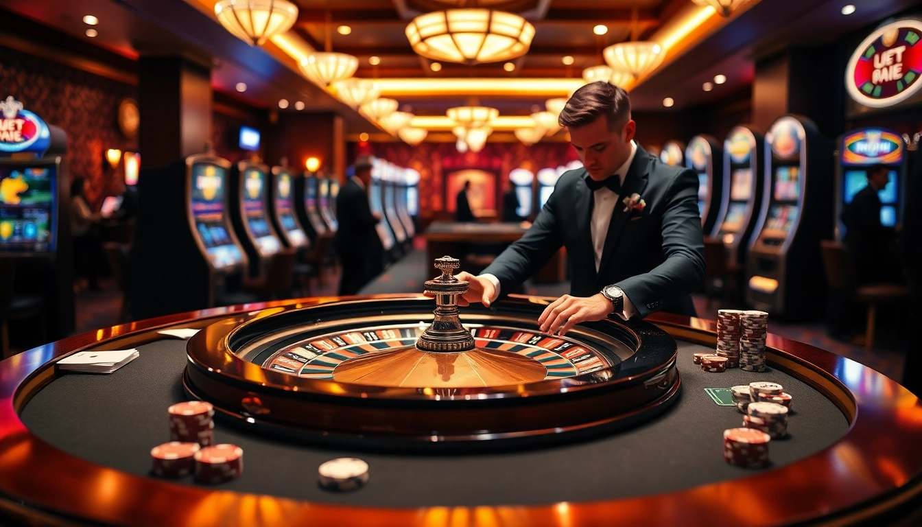 Experience the thrill of usbet with a luxurious casino roulette scene featuring vibrant lights and elegant decor.